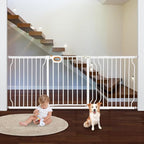 owlie Baby Gate with Door 66-75 Inch, Extra Wide Stair Gates for Kids Adjustable Wide Dog Pet Gate Stairway Large Baby Gates Pressure Mount for Pets for House Stairway Doorway White (30.5'' Tall)