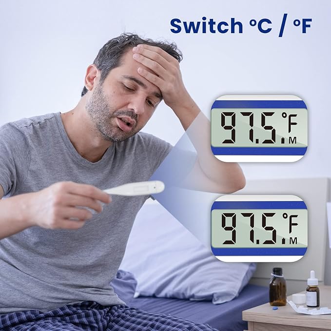 Femometer Thermometer for Adults and Kids, Digital Thermometer with Fever Alert, Memory Recall, C/F Switchable, for Oral, Rectal or Under Arm Use, Klein Blue