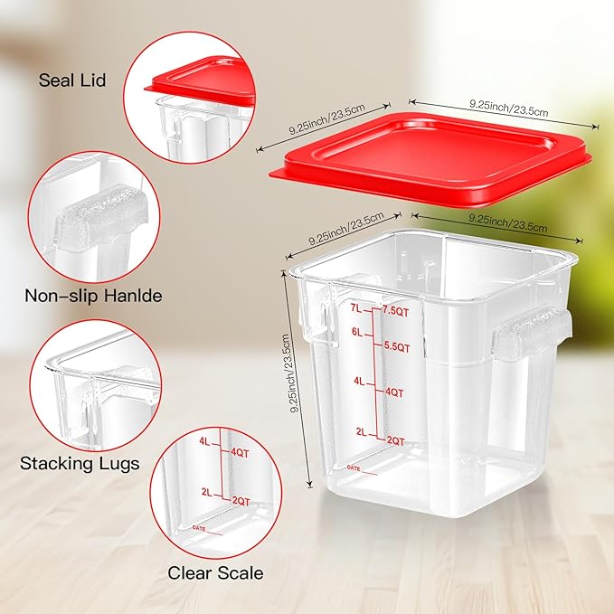 4 pcs 8qt Food Storage Containers with Lid, Square Clear Commercial Food Storage Containers with Handle and Scale for Food Storage in Home Kitchen & Dining (Red)
