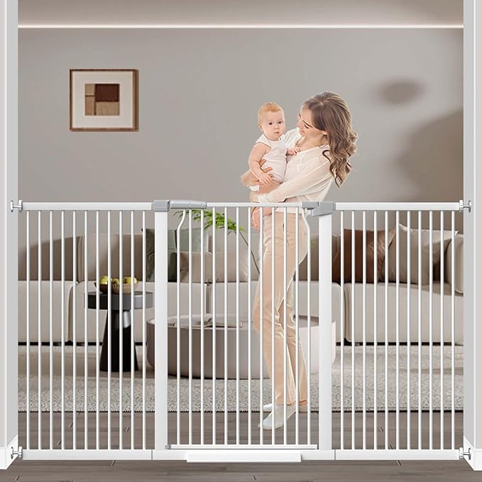 65.7"-72.2" Extra Wide Baby Gate, 40.5" Tall Dog Gate Indoor,Walk Through Pet Gates for Doorways Kitchen No Drilling Auto Close Pressure Mounted Safety Child Toddler Gate, White