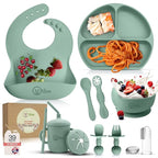 O'doe 11-Piece BPA-Free Silicone Baby Feeding Set | Thick & Soft Suction Plates, Baby Bowls, Wooden Fork & Spoon, and More | Make Mealtime Fun and Easy for Your Little One (Green, V1)