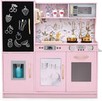 HONEY JOY Kids Kitchen Playset, Wooden Little Chef Pretend Toy Kitchen Set w/Chalkboard, Telephone, Utensils, Oven, Microwave, Sink, Storage, Play Kitchen for Toddlers Boys Girls, Pink Flower