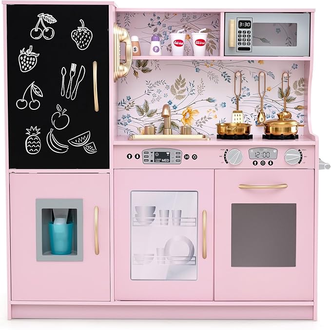 HONEY JOY Kids Kitchen Playset, Wooden Little Chef Pretend Toy Kitchen Set w/Chalkboard, Telephone, Utensils, Oven, Microwave, Sink, Storage, Play Kitchen for Toddlers Boys Girls, Pink Flower