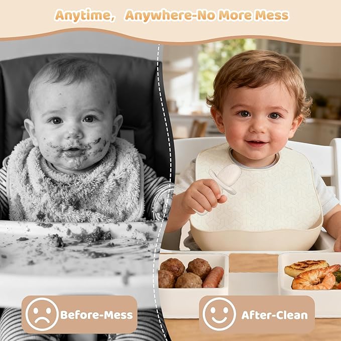 Traval Silicone Foldable Feeding Set, On-the-Go Baby Feeding Supplies Including Toddler Plates, Silicone Baby Spoon&Fork, Adjustable Foldable Bib, Portable Infant Toddler Utensils, Beige