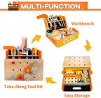 KIDWILL Wooden Tool Bench for Kids, 54-Piece Kids Tool Set with 2-in-1 Workbench & Take-Along Tool Kit, STEM Educational Toy Tools for Kids Ages 3 4 5 6 7 8 Years Old, Boy Toys
