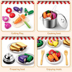 Juboury Pretend Play Kitchen Set - Toy Kitchen Accessories with Stainless Steel Cookware Pots and Pans, Plates, Cooking Utensils, Kids Chef Coat & Hat, Wooden Play Food for Kids, Girls, Boys, Toddlers