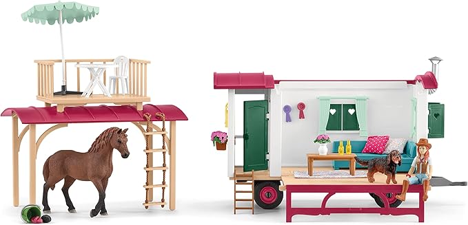 Schleich Horse Club - 113PC Interactive Camping Trip - Car and Camper Caravan Playset with Horse and Rider Figures, Dog Figurine and Accessories for Girls, Boys - Realistic Kids Toys Ages 5+ | 72205