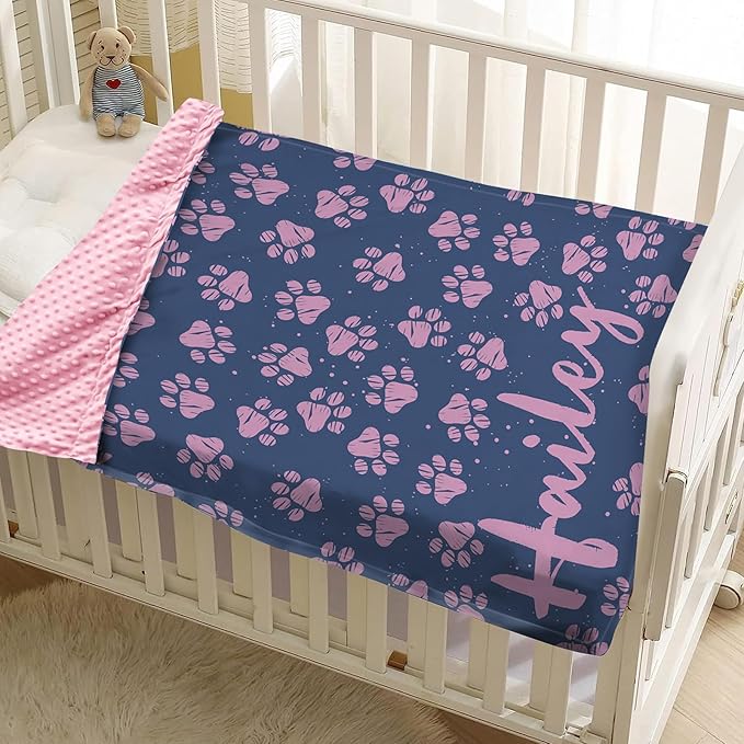 Personalized Baby Blankets for Girls, Custom Name Pink Dog Paws Pattern Baby Blanket, Soft Minky Dot Blanket for Newborns and Toddlers, Ideal for Baby Showers Christmas Brithday Gifts