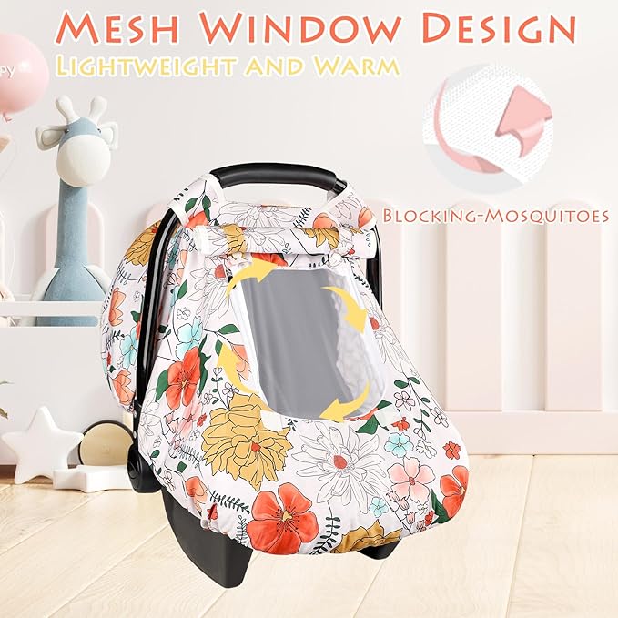Baby Carseat Cover Girls, Pea Pod Infant Car Seat Covers Canopy for Newborn with 2 Layers Windows of Breathable Mesh/Fabric, Lightweight Polyester/Minky Dot Backing, Snug Fit Most Baby Car Seat