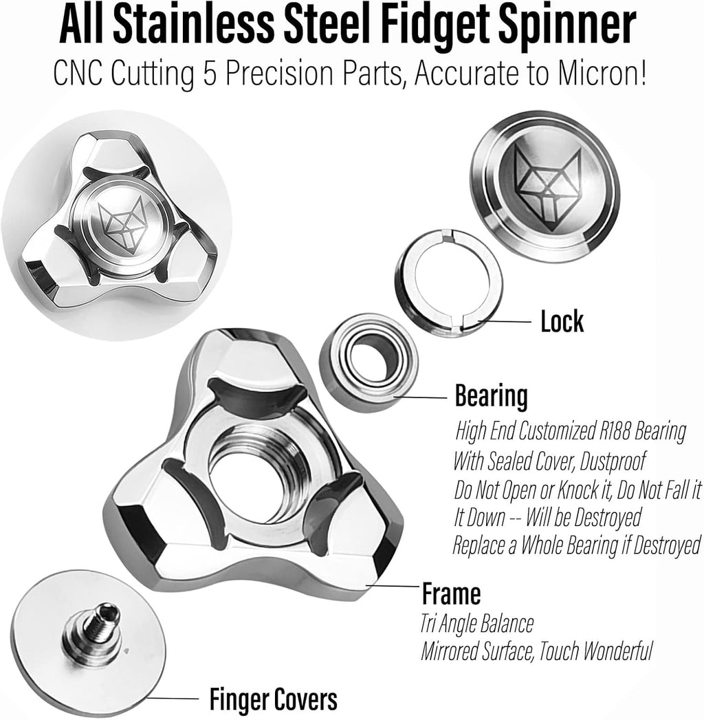 FREELOVE Metal Fidget Spinner for Adults, Stainless Steel Heavy Spinning Toys, Small Mini Fox Hand Gyro, Bearing Premium Long High Spin Fidget Block, Silver