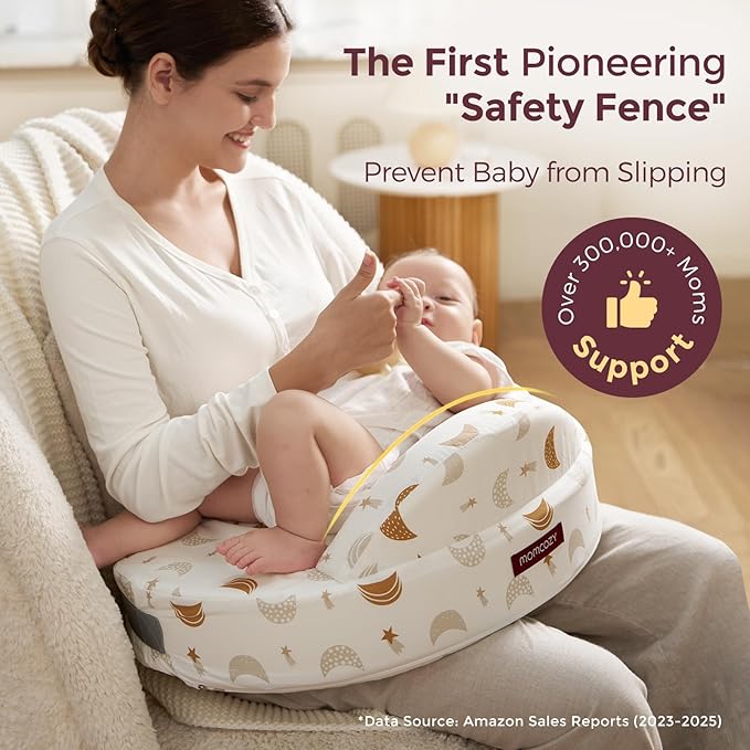 Momcozy Innovative Safety Guard Nursing Pillow - Firm & Springy Memory Foam - Stable, Ergonomic Support & Comfort - Wider Breastfeeding Cushion, Adjustable, Removable Cover, Baby Safety Certified