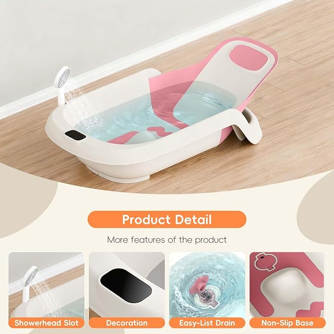 Baby Bathtub for Newborn to Toddler, Reclining Newborn Bathtub, Adjustable Baby Tub with Drain Plug, Bath Kneeler Pad & Clean Rinse Cup, 0-36 Months (Pink)