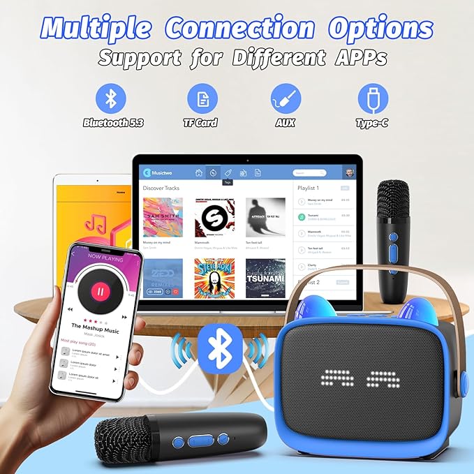 Mini Karaoke Machine Toys Gifts,Kids Portable MP3 Player with 2 Wireless Microphone and LED,Christmas Birthday Gifts for Girls Boys 3 4 5 6 7 8+ Year Old (Blue)