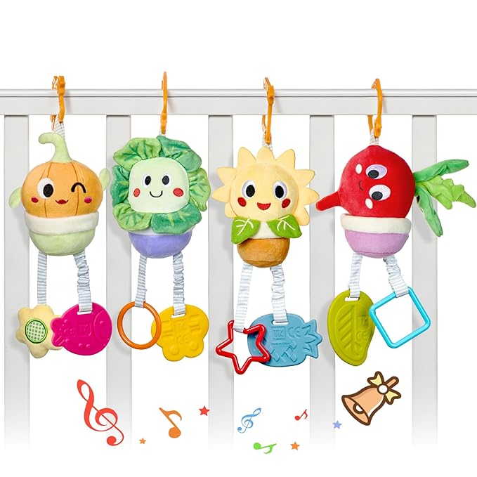 TUMAMA Baby Toys 0 3 6 12 Months, Soft Hanging Stroller Toys Potted Plant Crib Car Seat Toys, Infant Newborn Crinkle Infant Rattles with Teether Squeaky Sensory Developmental Toy