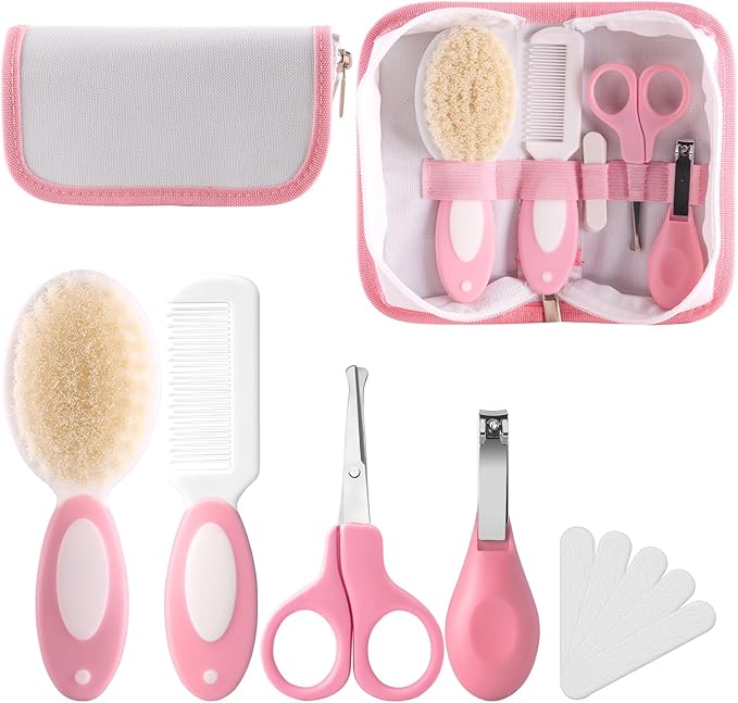 Baby Grooming Kit with Storage Pouch Baby Brush Soft Bristles 5 pcs-Infant Brush, Rounded Comb, Safety Scissors, Nail Clippers & Emery Board -Health Care Kit for Newborns & Toddlers Pink
