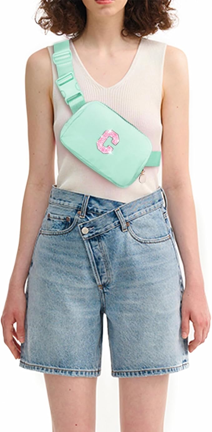 Fanny Pack Belt Bag Crossbody Bags with Initials Letter Patch Trendy Stuff for Teens Cute Stuff Birthday Gifts for Teenager Girls | Light Green,Initial C
