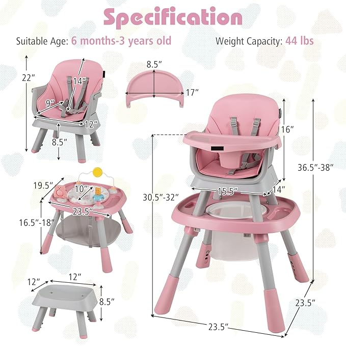 HONEY JOY 16-in-1 Baby High Chair, Convertible Highchair for Babies and Toddlers/Booster Seat/Activity Center with Toys, Building Block Table & Stool, Safety Harness, Removable Cushion & Tray (Pink)