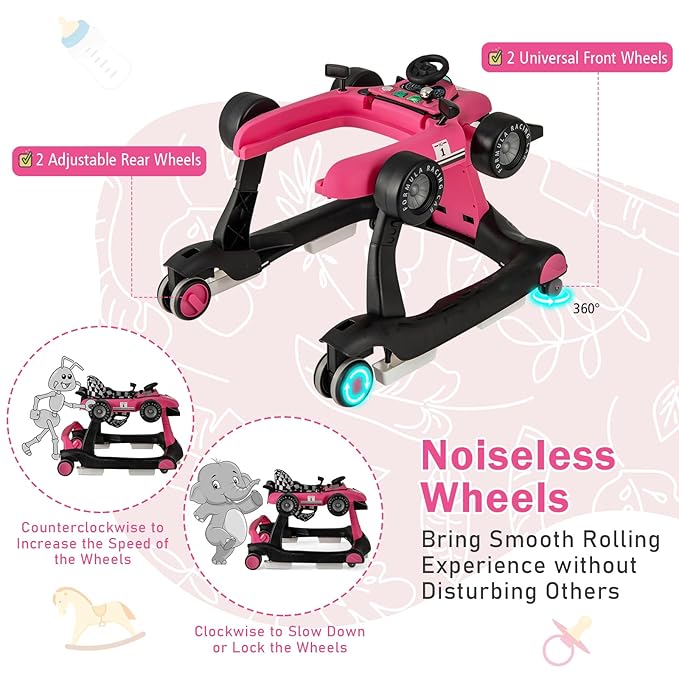 BABY JOY 4-in-1 Baby Walker, Foldable Activity Walker with Adjustable Height & Speed, Music, Lights, Steering Wheel, Comfy Seat Cushion, Activity Baby Push Walker for Boys Girls Aged 6 –18 (Pink)