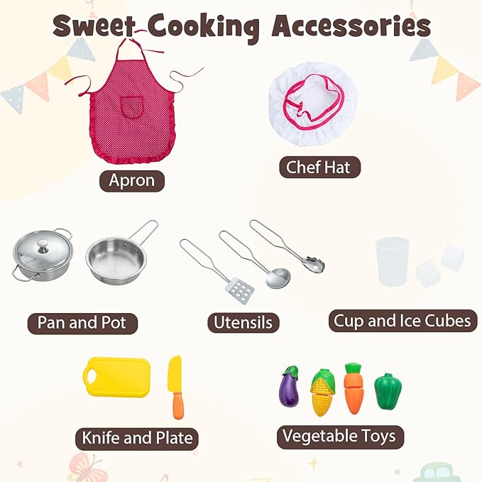 Costzon Kids Kitchen Playset, Pretend Cooking Toys w/Washing Basin, Real Lights & Sounds, Microwave, Oven, Blackboard, Ice Maker, Range Hood, Stoves, 2-PieceCorner Wooden Play Kitchen for Kids 3+