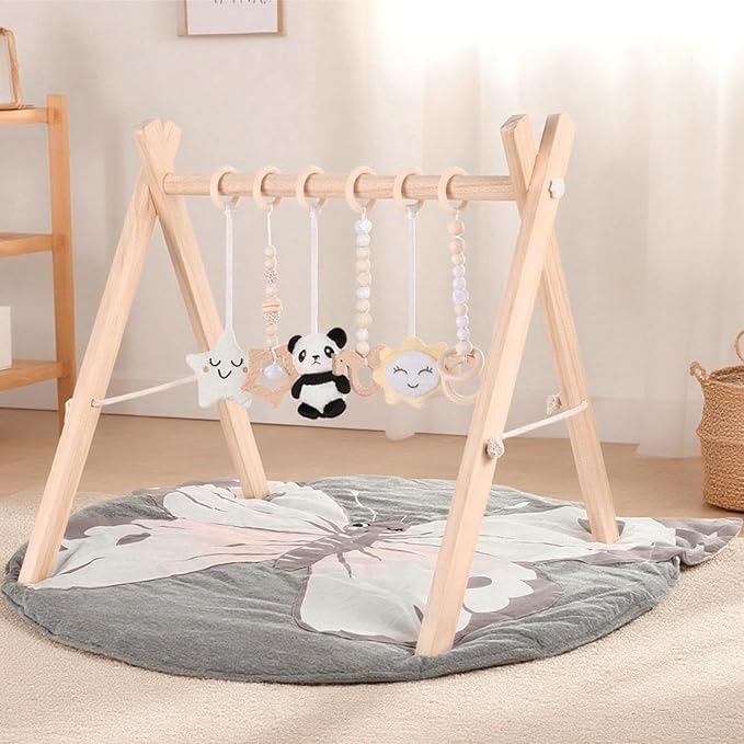 Wooden Play Gym with Mat, Foldable Baby Activity Gyms for Infants Newborn Baby Girl and Boy, Tummy Time Baby Infant Toys 0-6 6-12 Months (Gray)