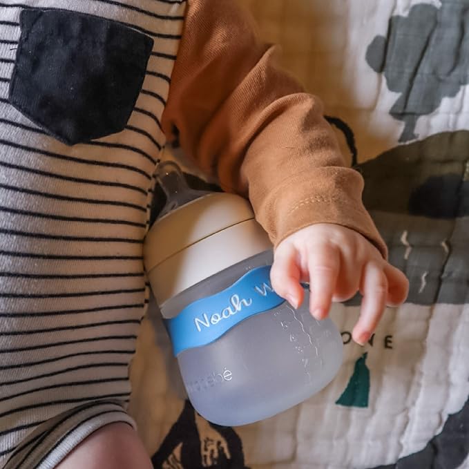 InchBug Orbit Labels Baby Bottle and Water Bottle Silicone Name Bands – Personalized Reusable Label Set for Daycare, Sippy Cups, Preschool, Elementary School, Dishwasher Safe, 4-Pack (Lullaby Blue)