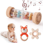 Youuys Wooden Baby Rattle Set (3pcs) - Crochet Rattle Rain Stick Teething Toys, Wooden Montessori Toy for Newborn Infant Baby Rattles Set Toys 3-6 Months (Fox)