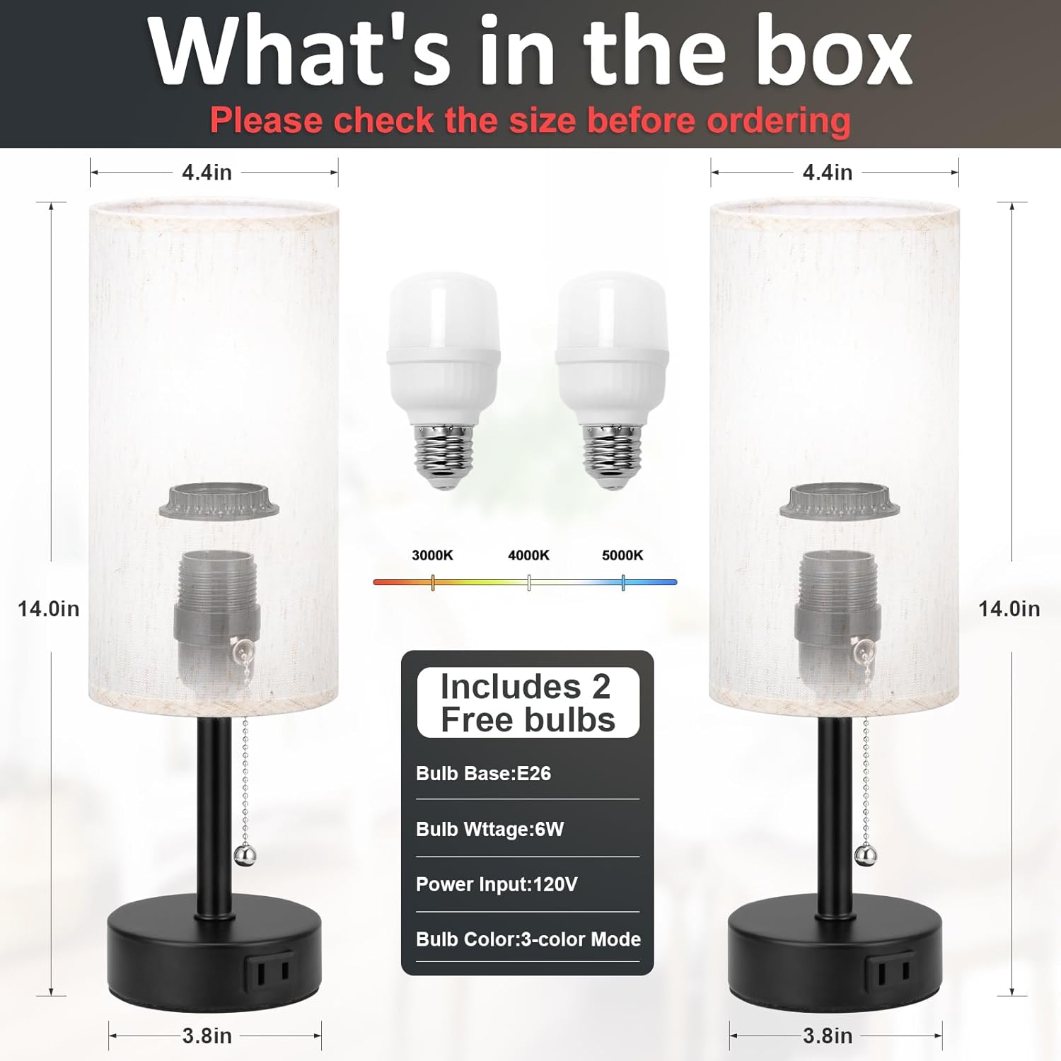 Bedside Table Lamps Set of 2-3 Color Temperatures Pull Chain Lamp with AC Outlet Charging Port, Small Round Night Stand Lamps for Bedroom Guest Room Office, Bed Side Light with E26 LED Bulbs