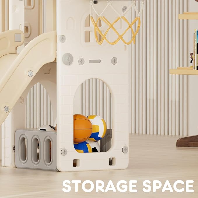 YUFU 8 in 1 Toddler Slide Set, Kids Slide for Toddlers Age 1-3, Toddler Playset with Climber, Basketball Hoop and Ball, Outdoor Indoor Playground for Toddlers 1-3 (Beige+Coffee)