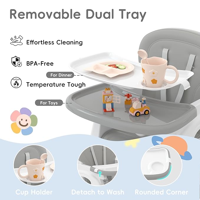 Xilingol 8 in 1 Convertible Baby High Chair W/Wheels, Baby Feeding Chair W/Adjustable Backrest & Removable Dual Tray, Building Block Table & Chair Set, HighChair for Babies & Toddlers (Grey)