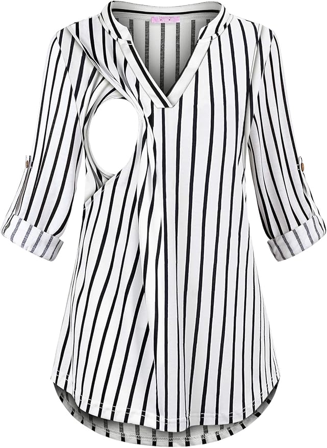Joymom Maternity Rolled Long Sleeve Nursing Tops Tunic Blouses Breastfeeding
