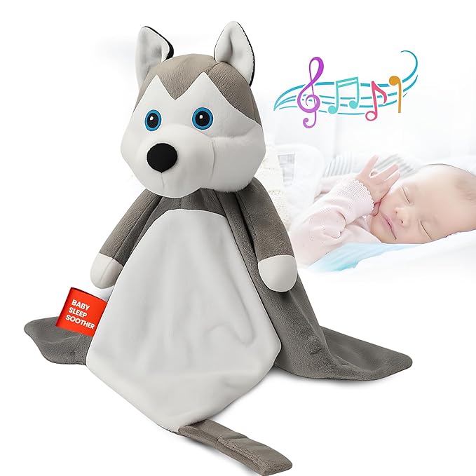 Love By Emi Baby Music Lovey Grey & White Husky, Baby Sleep Soother for Crib & Cuddle Bedtime, White Noise with Heartbeat & Lullaby, Plush Sound Toy, Stuffed Animal for Newborns, Infants & Toddlers
