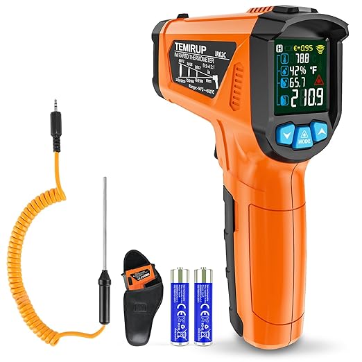 Infrared Thermometer Gun, TEMIRUP Digital Laser Temperature Gun, -58°F to 1472°F, Non Contact IR Temp Gun with Color LCD for Industrial, Cooking, Griddle, Engine, HVAC,Adjustable Emissivity & Humidity