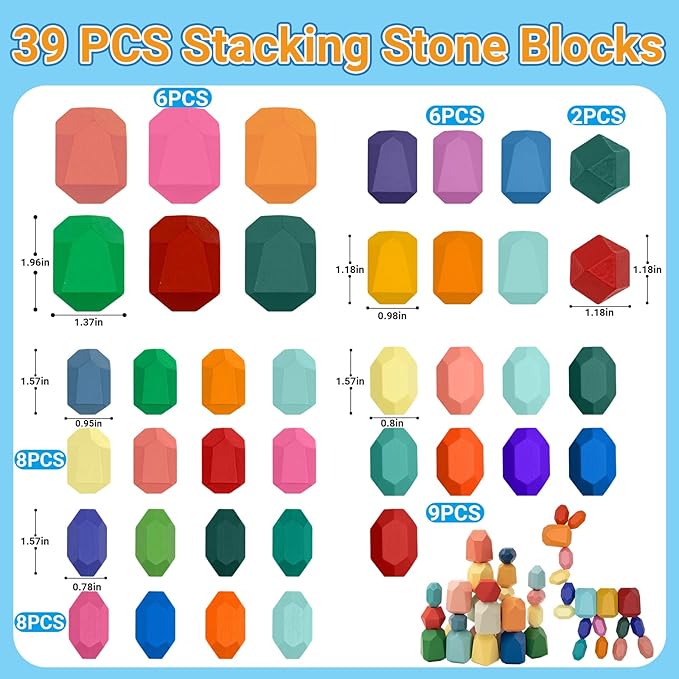 39PCS Montessori Wooden Stacking Rocks Toys Colorful Stacking Stones Building Blocks Games Sensory Toy for Toddlers Educational Learning Toys for 1 2 3 4 5 6 Years Old Kids