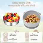 4 Pack Stainless Steel Baby Bowls with Suction, Toddler Bowls with Removable Silicone Shell for Kids, Non-Slip Toddler Baby Feeding Set Dishwasher Safe-blue/Gray/Red/Cream