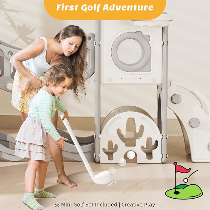 KORIMEFA 11 in 1 Toddler Slide and Swing Set, Kids Slide for Toddlers, Outdoor Indoor Playground for Toddlers 1-3, Toddler PlaySet with Basketball Hoop and Ball Golf Set, Climbing Arch(Grey)