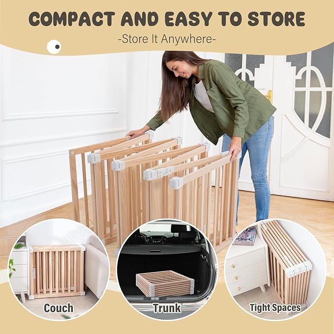 Foldable Wooden Playpen, Large Baby Wood Playpen with Locking Gate for Babies and Toddler 1-3 Year, Portable Play Yard for Activity Center Indoor Outdoor(Wood, 8 Panel)