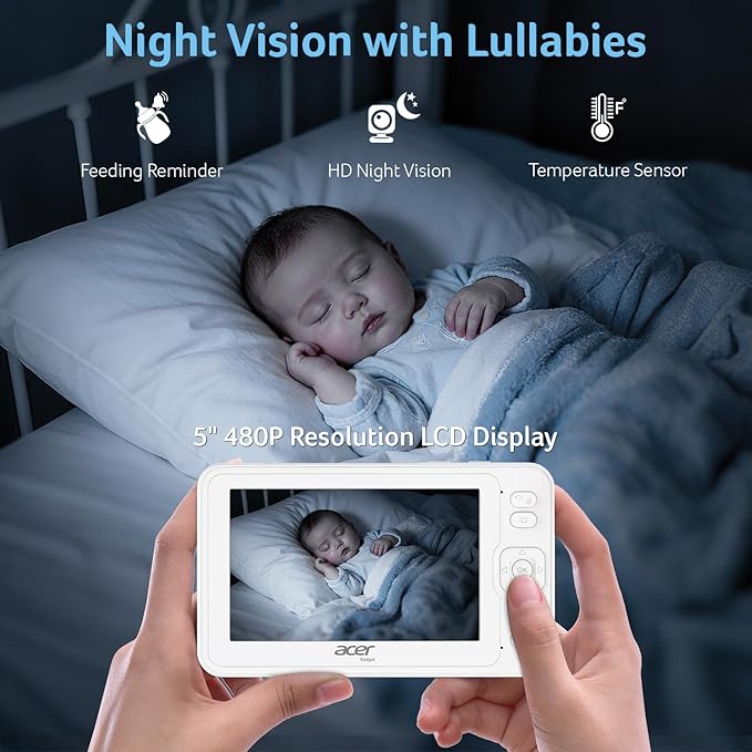 acer Smart Baby Monitor 5” No WiFi Baby Monitor with 1080P Camera and Audio for Crib 1000ft Range Remote Pan Tilt Night Vision, Temperature Sensor, 8 Lullabies, 2-Way Talk, Video Recording, VOX