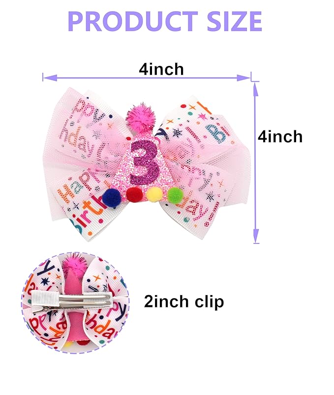 Birthday Hair Bow for Baby Girls 1 2 3 4 5 6 Years Sprinkle Decorations Party Pink Hair Accessories for Three 3rd Birthday Confetti Ice Cream