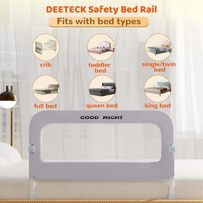 Bed Guard Rail for Toddlers - 47" Adjustable Heights & Folding up Portable Bed Railing for Baby - Toddler Bed Rails Guard for Crib, Twin, Bunk,Full Size, Queen & King Bed(Grey)
