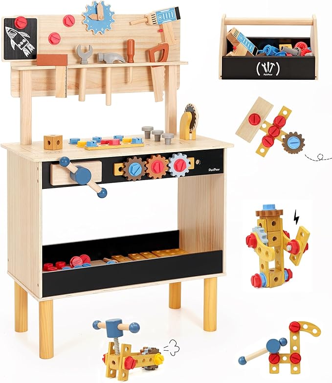 PairPear Wooden Kids Tool Bench & Carry Toolbox – 71 Pcs Pretend Play Tool Workbench with Drills, Kids Construction Toy Workbench Workshop for Boys Girls Age 3+