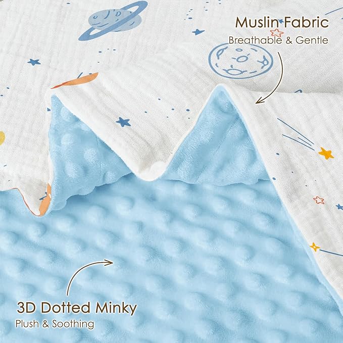 Outer Space Baby Blankets for Boys, Soft Nursery Minky Blankets with Muslin and Dotted Fleece Back 30x40 inches, Receiving Bed Quilt for Newborn, Infants, Toddlers