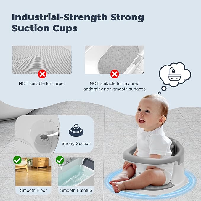 Baby Bath Seat-for Babies 6 Months & up with Temperature Alert+Soft Cushion+Suction, Toddler Bath Seat for Baby, Sitting Up with Baby Bathtub Seat, Grey