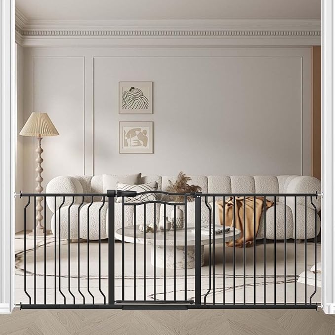 Fairy Baby 71.7"-81.1" Extra Wide Baby Gate for Stairs, Large Pet Dog Gate for Wide Openings, Pressure Mounted Safety Child Gate, Metal Auto Close Long Pet Gate for Doorways with Walk Thru Door, Black