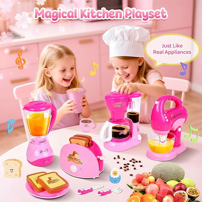 Coherny Play Kitchen Sets for Kids Ages 4-8, Kids Kitchen Playset with Realistic Coffee Maker Machine, Toaster, Mixer and Blender, Pretend Play Toys with Light & Sound for Toddles Girls Boys Gifts