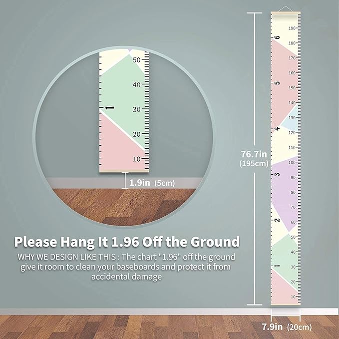 Growth Chart Wall Hanging, Portable Kids Wall Ruler Removable Height Measure Chart for Boys Girls Growth Ruler from Baby to Adult for Child's Room Decoration 79''7.9'' (Pink)