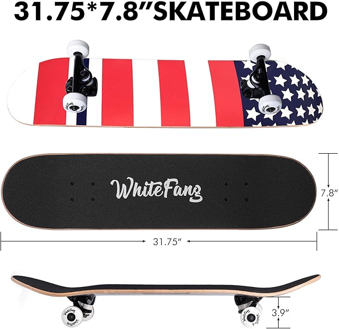 WhiteFang Skateboards for Beginners, Complete Skateboard 31 x 7.88, 7 Layer Canadian Maple Double Kick Concave Standard and Tricks Skateboards for Kids and Beginners