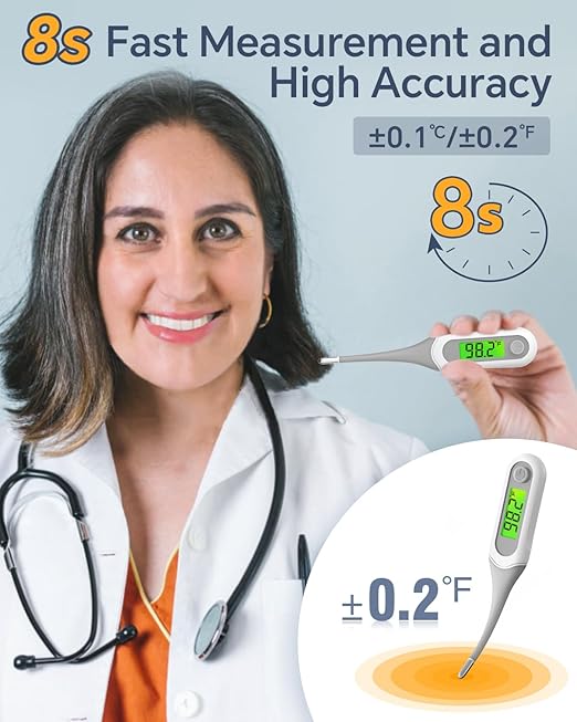 Digital Thermometer for Adults and Kids, 8s Fast Reading Baby Oral Thermometer with 3 Colors Backlit, °C/°F Switchable, Fever Alarm, Medical Basal Thermometer for Oral, Rectal, Underarm