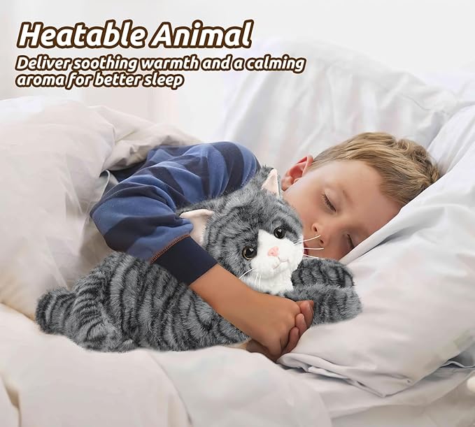 Gray Tabby Cat Stuffed Animals, Microwavable Stuffed Animal Adorable Fluffy Cat Plush for Warmth & Comfort, Heatable & Coolable Lavender Scent Cat Toys, Cute Soft Plushies Cat Gifts for Kids & Adults