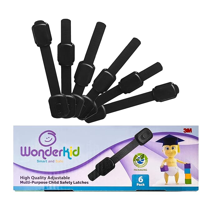 Adjustable & Reusable Child Safety Cabinet Locks & Latches, Baby Proofing Door Window, Cabinet, Toilet, & Refrigerator Lock, Child Safety Strap Locks with Adhesive Pads, Pack of 6, Black - Wonderkid