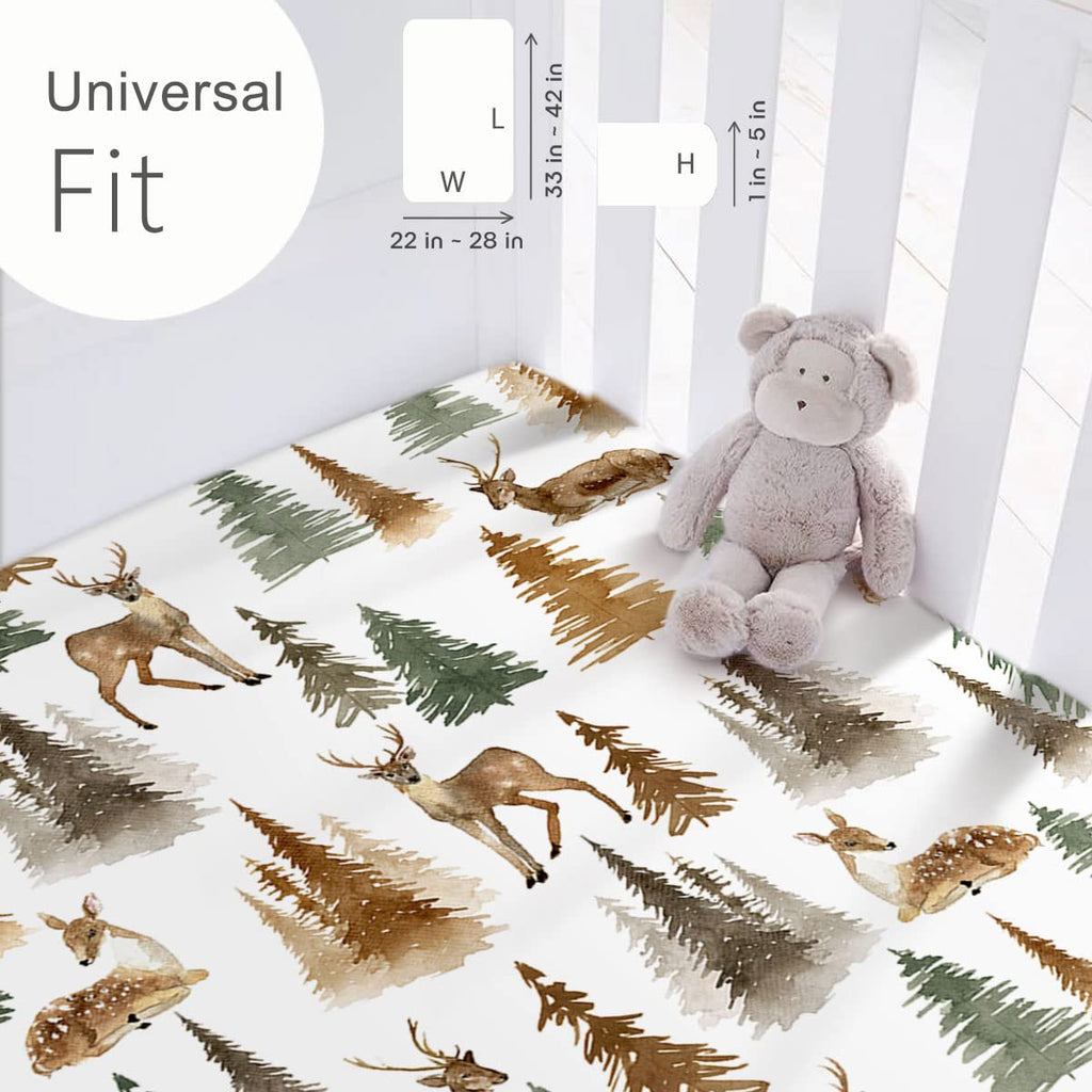 Stretchy Ultra Soft Jersey Knit Fitted Pack n Play Sheets Set 2 Pack, Portable/Mini Crib Sheets with Deep Pocket, Fitted Playard Mattress Safe and Snug, Stylish Watercolor Deer and Leaves
